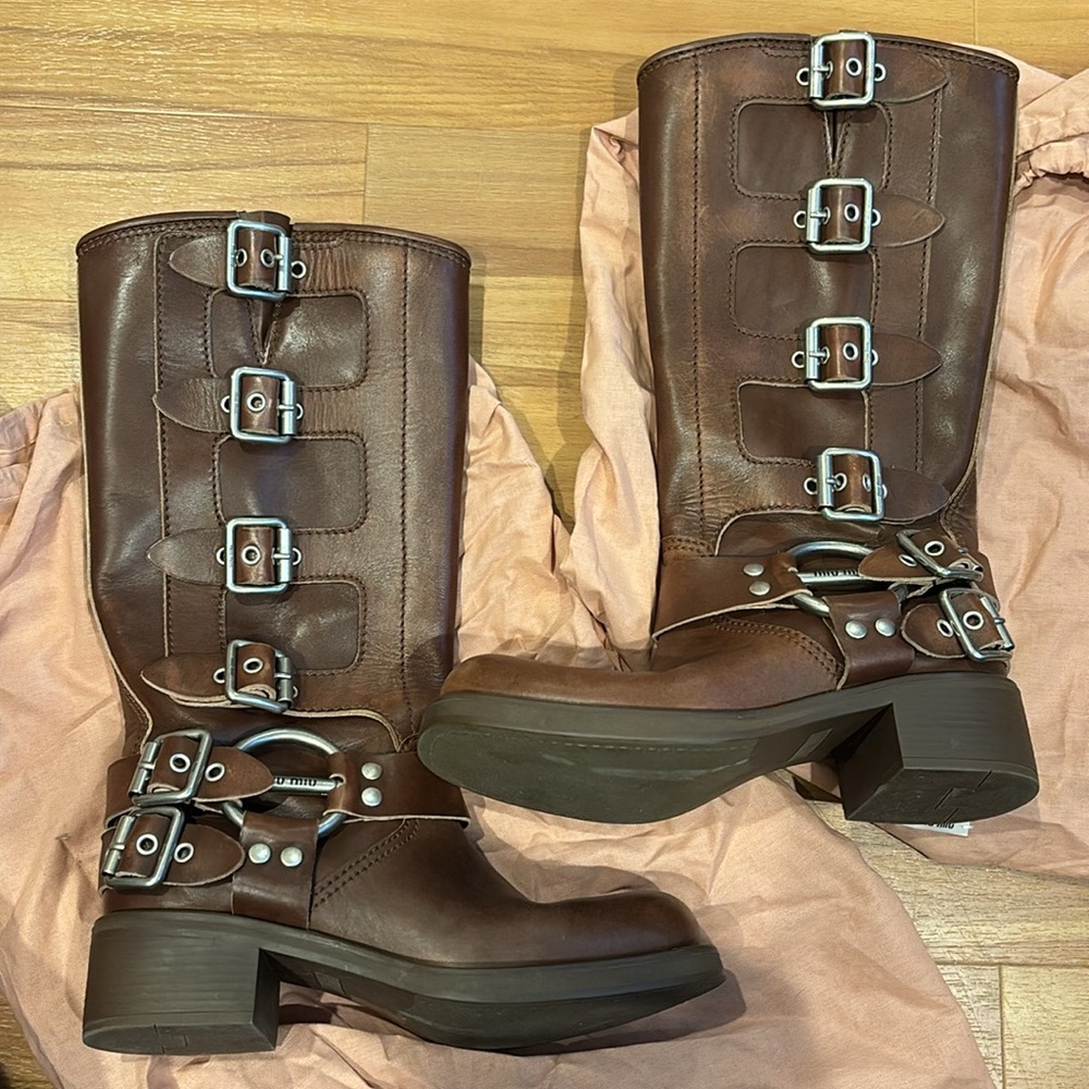 MIU MIU MOTO boots brown leather